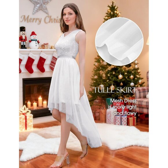 BeryLove Women Tulle Sequin White Chiffon Scoop Neck Sleeveless Cocktail Dresses - Picture 5 of 7
